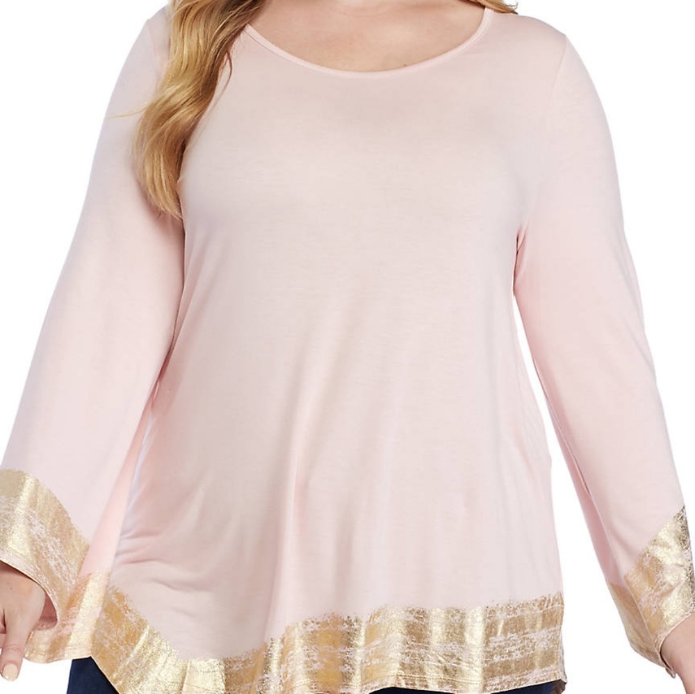 New directions pink asymmetrical foil trim tunic